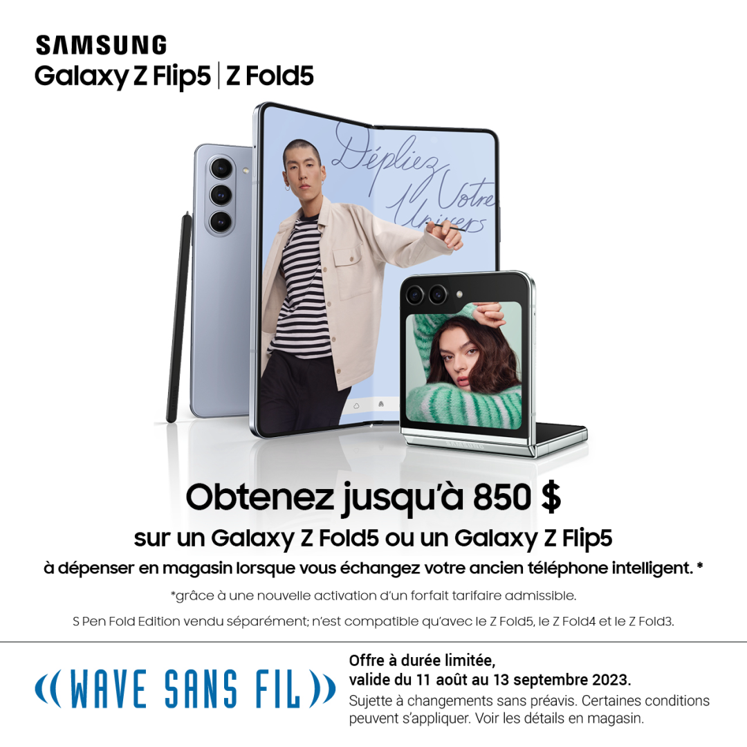 Wirelesswave – Obtenez jusqu’à 850 $ sur un Samsung Galaxy Z Fold5 ou un Galaxy Z Flip5 icon